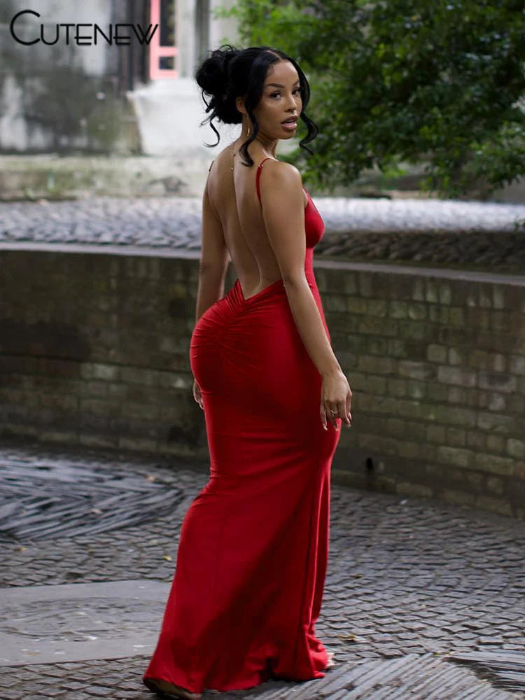Red Shiny Spaghetti Strap Maxi Dress Women Solid Sexy Backless Ruched Cleavage Body-Shaping Robe Lady Hipster Streetwear