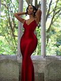 Red Shiny Spaghetti Strap Maxi Dress Women Solid Sexy Backless Ruched Cleavage Body-Shaping Robe Lady Hipster Streetwear